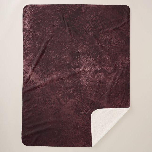 Velvety Wine Damask | Bordeaux Sangria Grunge Glam Sherpa Blanket (Front)