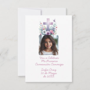Ven A Celebrar Mi Primera Comunión con Foto Flores Thank You Card