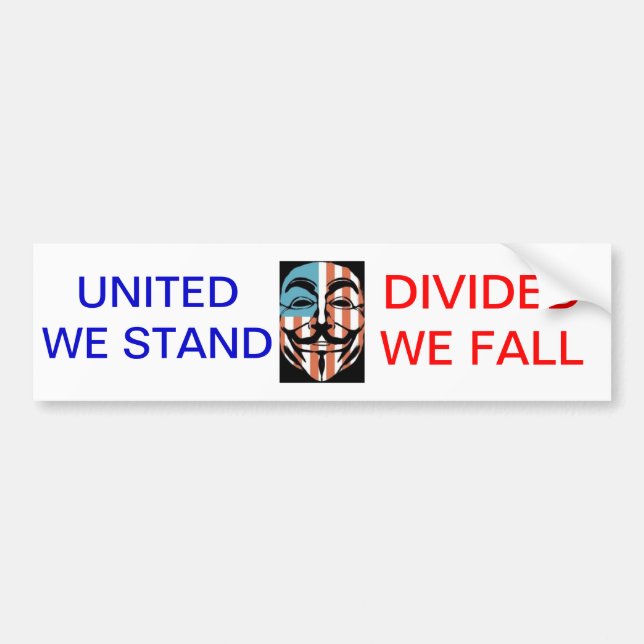 vendetta america mask, UNITED WE STAND, DIVIDED... Bumper Sticker (Front)