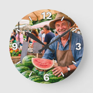 Vendor Holding Fresh Watermelon Slice Market Decor Round Clock
