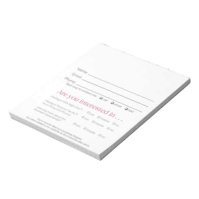 Vendor Lead Slips for Booking & Recruit Pink Zebra Notepad (Rotated)