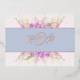 Vendretti Blue Ribbon and Bouquet-Foil RSVP Foil Invitation Postcard