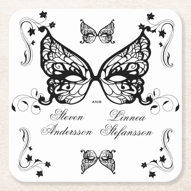 Venetia Carnivale Masque Victorian Ornate Flourish Square Paper Coaster (Front)