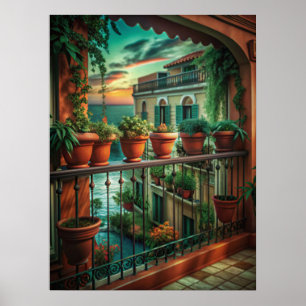 Venetian Balcony Sunset Canal View Art Poster
