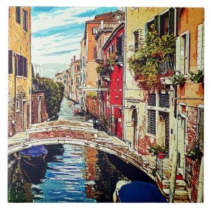 Venetian canal with houses and bridge. Italy. Ceramic Tile