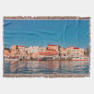 Venetian harbour in Chania at blue hour, Crete,    Throw Blanket