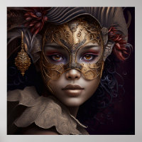 Venetian Mask Portrait in Gold and Burgundy
