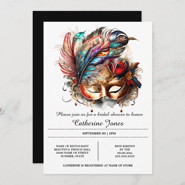 Venetian masked ball face mask feathers carnival  invitation (Front/Back)