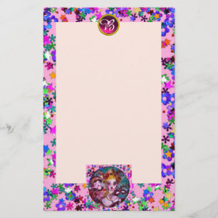 VENETIAN MASQUERADE MASKS,CONFETTI PINK MONOGRAM STATIONERY