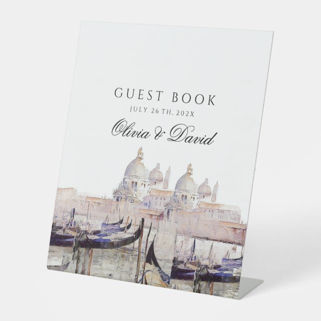 Venetian Wedding Script Watercolor Guest Book Pedestal Sign (Front)