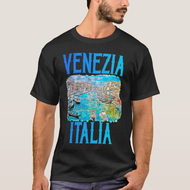 Venezia Italia Grand Canal Gondolas Watercolor Blu T-Shirt (Front)