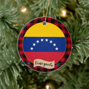 Venezuela, Red buffalo plaid & Venezuelan Flag Ceramic Ornament
