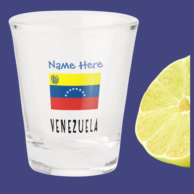 Venezuela Venezuelan Flag Blue Personalised  Shot Glass (Venezuelan Flag on shot glass with word VENEZUELA below in flag colors. Add name above in blue text.)