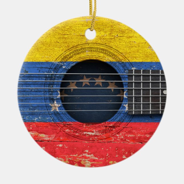 Venezuelan Flag on Old Acoustic Guitar Ceramic Ornament (Front)