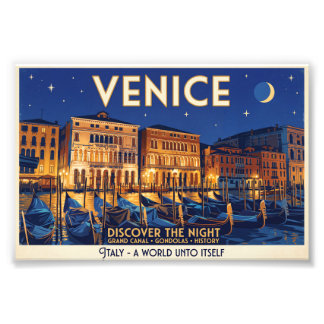 Venice at Night Grand Canal Gondolas Art Photo Print