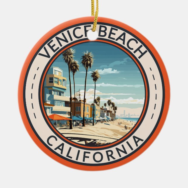 Venice Beach California Boardwalk Travel Art Retro Ceramic Ornament (Front)