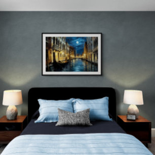 Venice canal at night, oil painting   Ai Poster