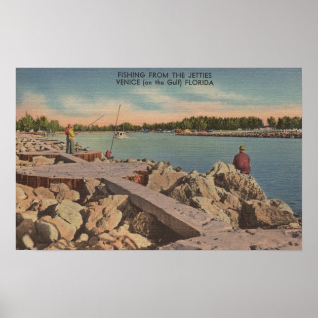 Venice, Florida - Fishing Scene on the Jetties Poster (Front)