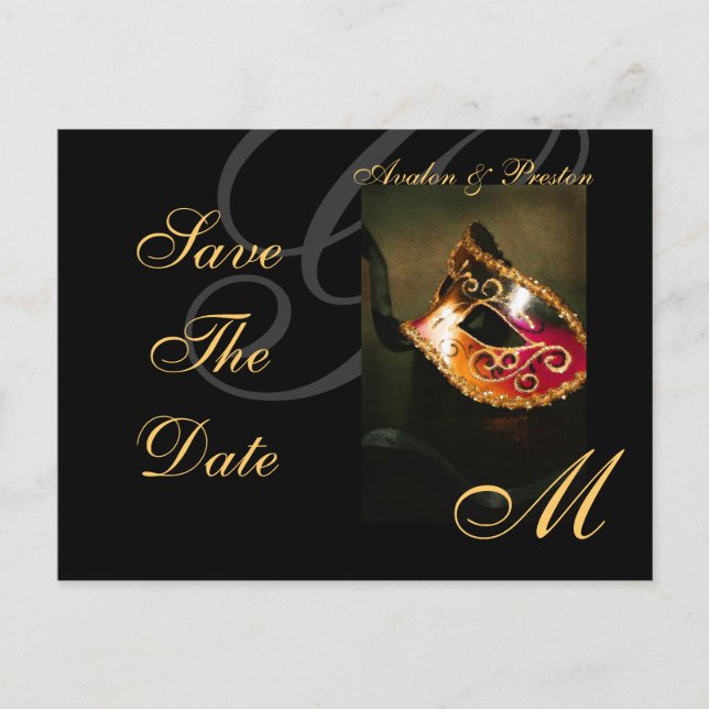Venice Gold Masquerade Mask Save The Date Postcard (Front)