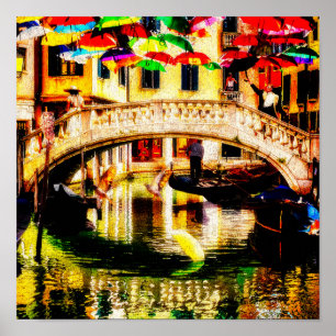 Venice gondolas along the walkway umbrella and ☔  poster
