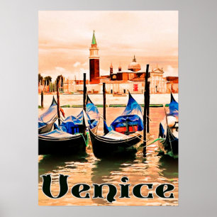 Venice, Italy, boats on city port, vintage travel Poster