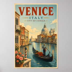Venice Italy Canals Illustration Travel Art Retro Poster
