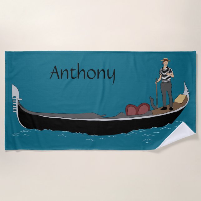 Venice, Italy Gondola and Gondolier Teal Blue Beach Towel (Front)