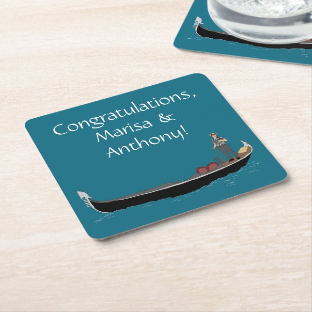 Venice, Italy Gondola and Gondolier Teal Blue Square Paper Coaster (Angled)