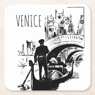 Venice Italy Gondola Black and White Drink Coaster