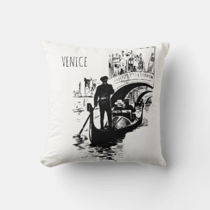 Venice Italy Gondola Theme Black and White Pillow