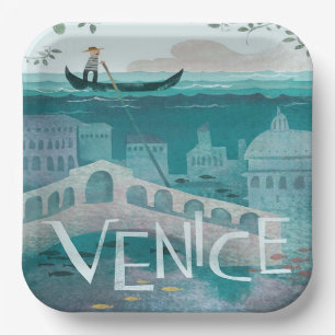 venice Italy Gondola travel vacation retro post  Paper Plate
