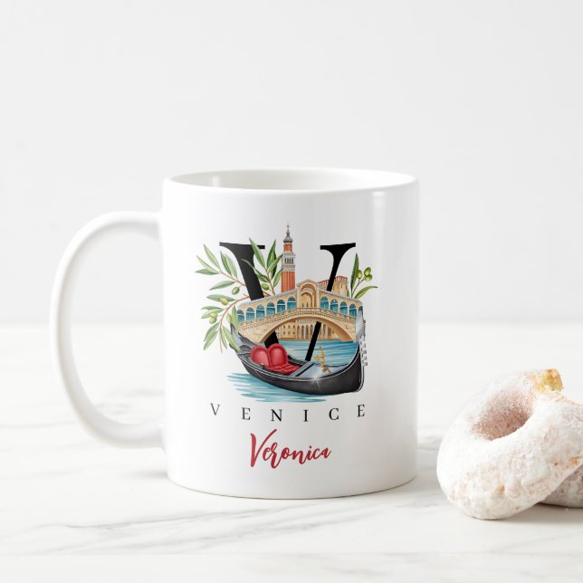 Venice Italy Monogram Letter V Personalised Gift Coffee Mug (With Donut)