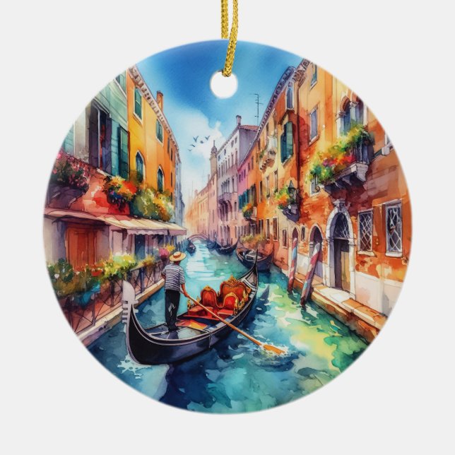 Venice Italy Watercolor Ceramic Christmas Ornament (Front)