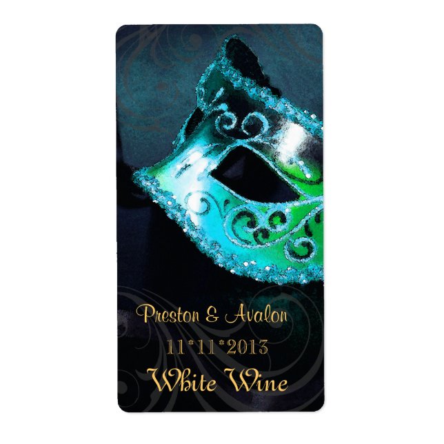 Venice Masquerade Teal Wine Wedding Label (Front)