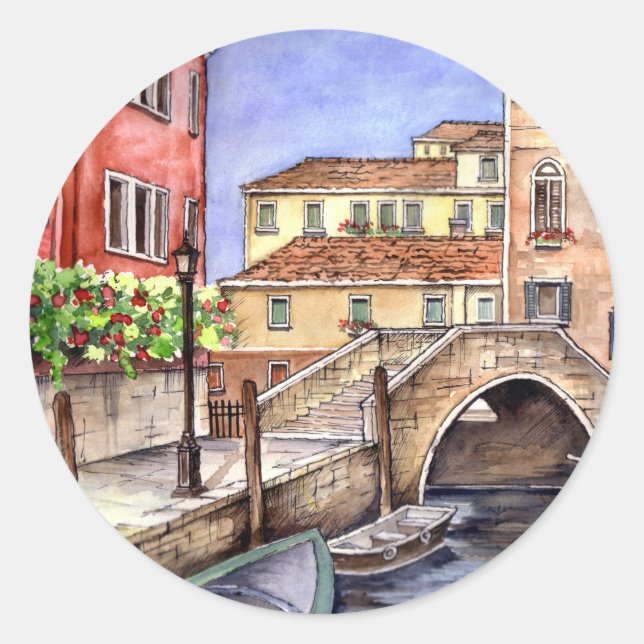 Venice - Pen & Wash Watercolor Classic Round Sticker (Front)