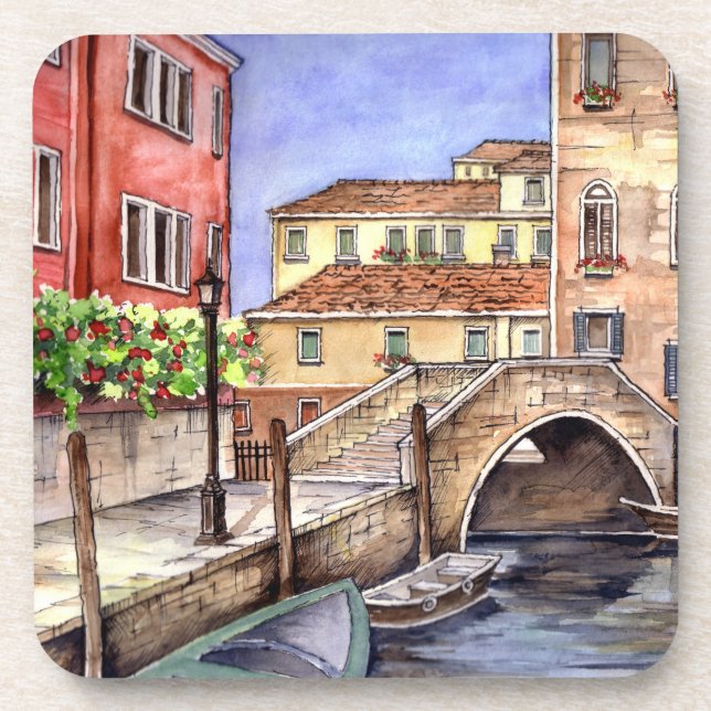 Venice - Pen & Wash Watercolor Coaster (Front)