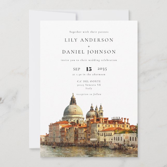 Venice Skyline Watercolor QR Code Wedding Invitation (Front)