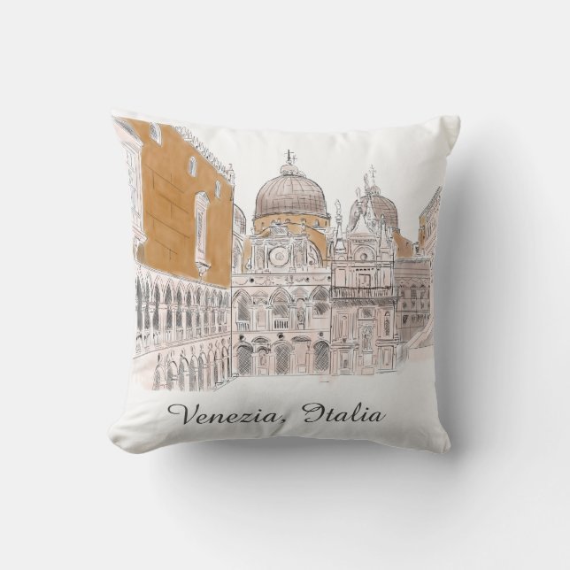 Venice St. Marks Square Pen and Ink Illustration Cushion (Front)