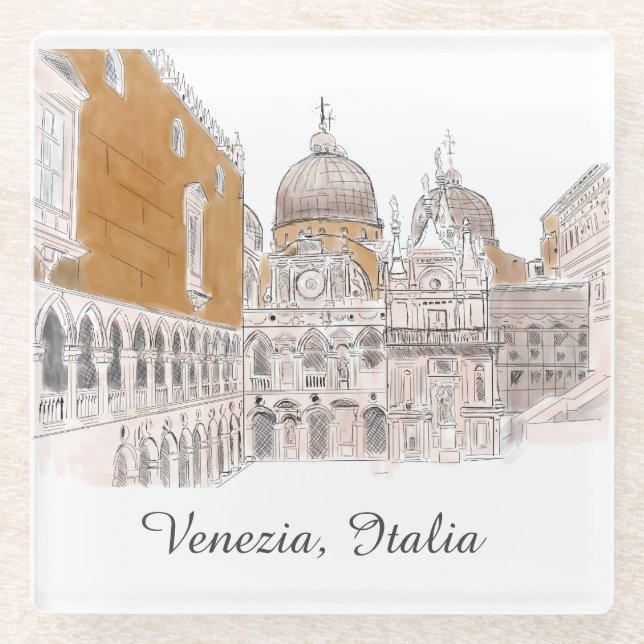 Venice St. Marks Square Pen and Ink Illustration Glass Coaster (Front)