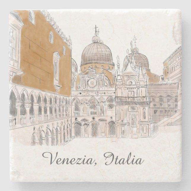 Venice St. Marks Square Pen and Ink Illustration Stone Coaster (Front)