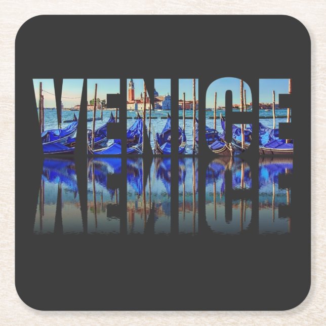 Venice text with reflection square paper coaster (Front)
