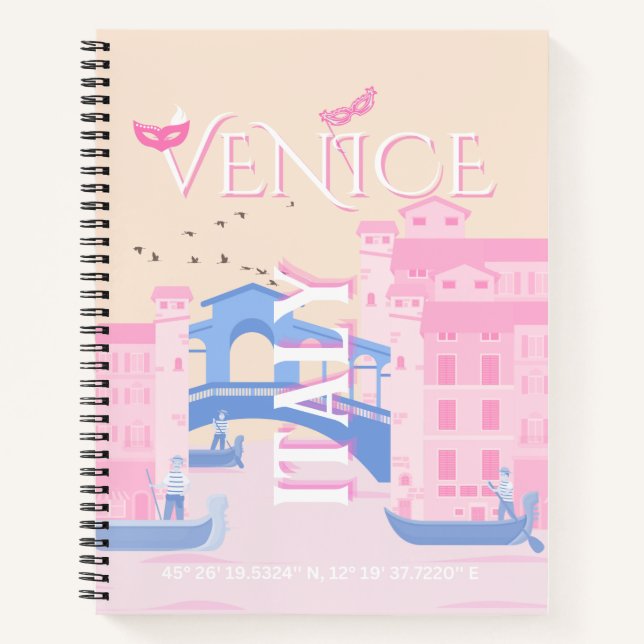 Venice Travel Art, Italy, Travel Art, Pink Notebook (Front)