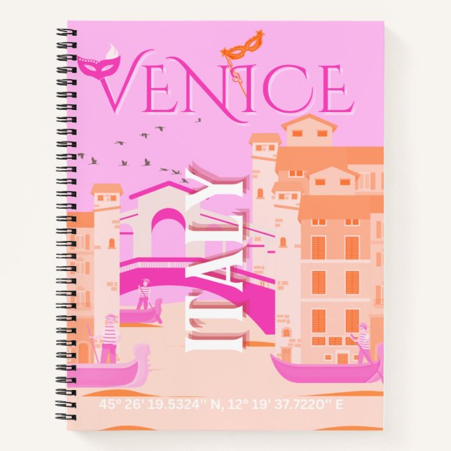 Venice Travel Art, Italy, Travel Art, Retro, Pink Notebook (Front)