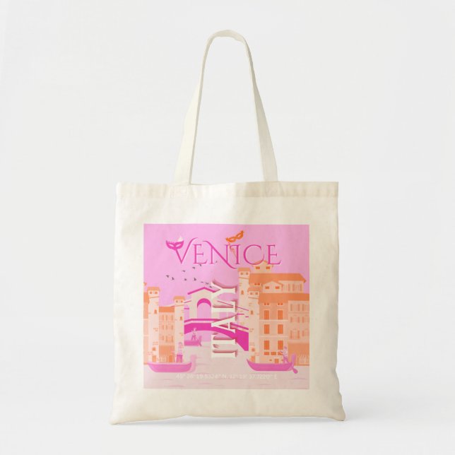 Venice Travel Art, Italy, Travel Art, Retro, Pink Tote Bag (Front)