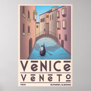 Venice Travel Poster, Graphic Canal Art, Gondola Poster