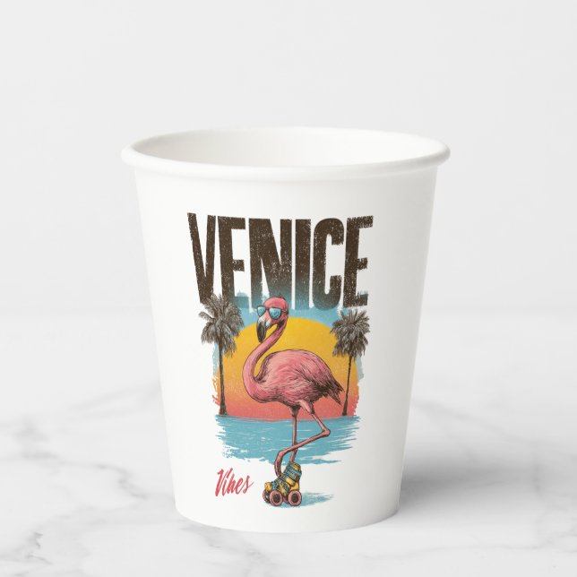 Venice Vibes Flamingo Retro Beach California Tropi Paper Cups (Front)