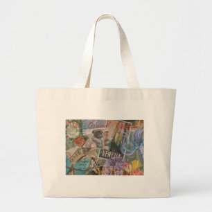 Venice Vintage Trendy Italy Travel Collage Large Tote Bag