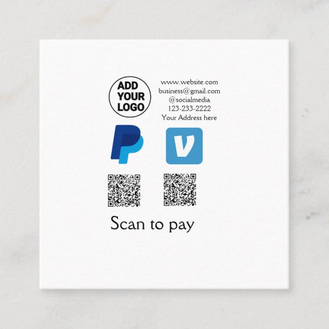 Venmo paypal scan to pay add q r code logo text na square business card (Front)