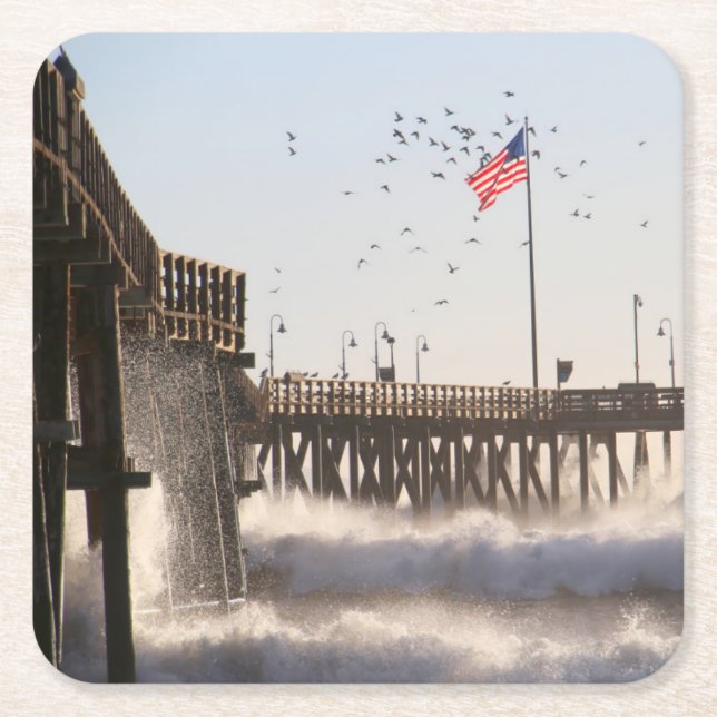 Ventura Pier Waves | El Nino Square Paper Coaster (Front)