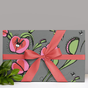 Venus Flytrap Plants and Buzzing Flies on Greys Wrapping Paper Sheet